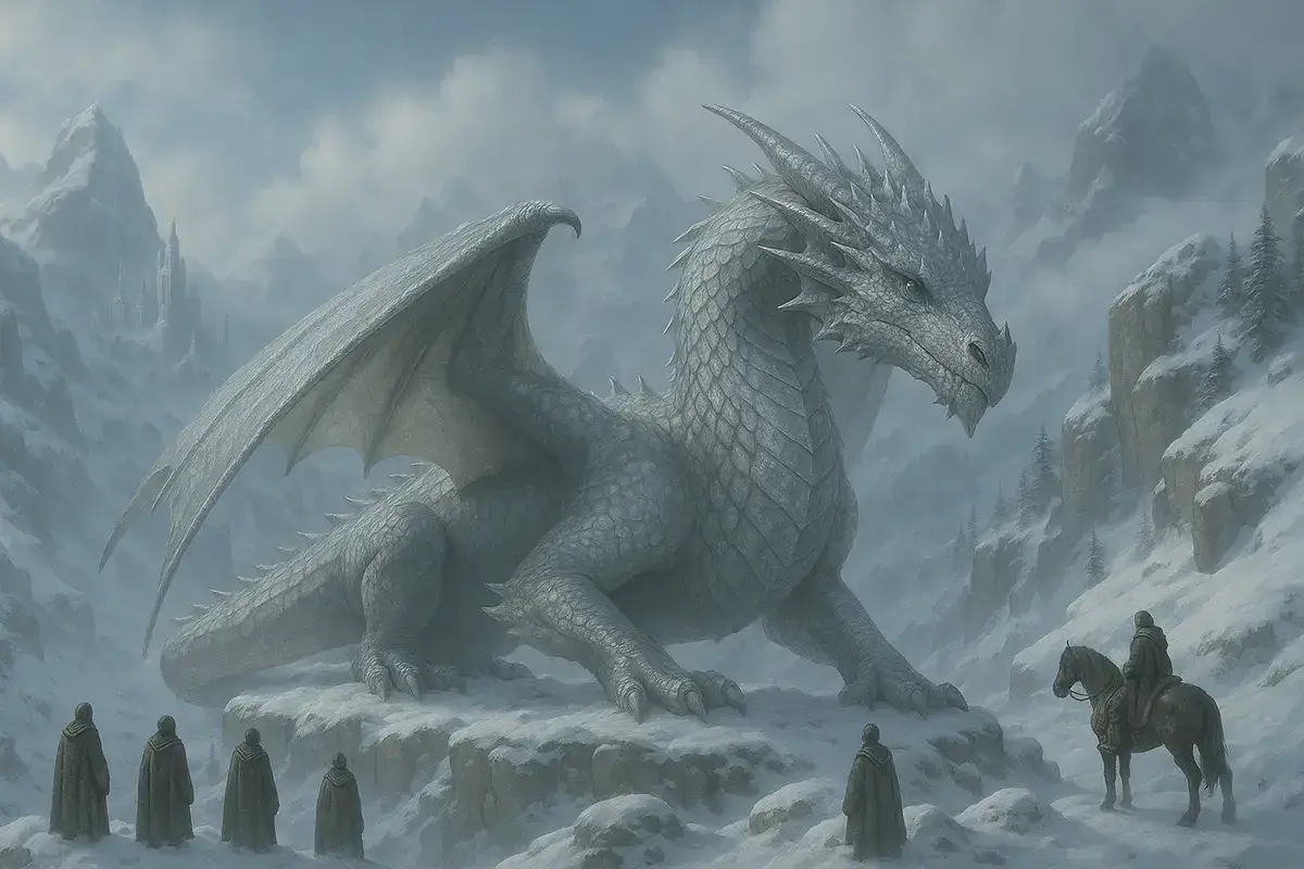 un dragon d'argent dans la montagne enneigée