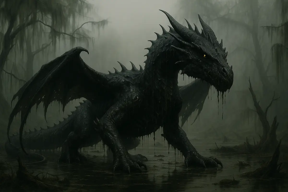 un dragon noir dans son marais