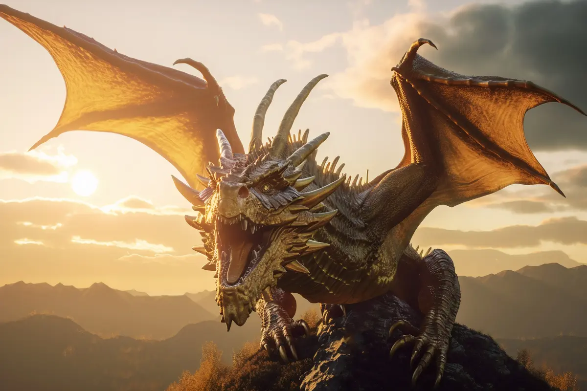 un dragon d'or en haut d'une montagne la gueule ouverte