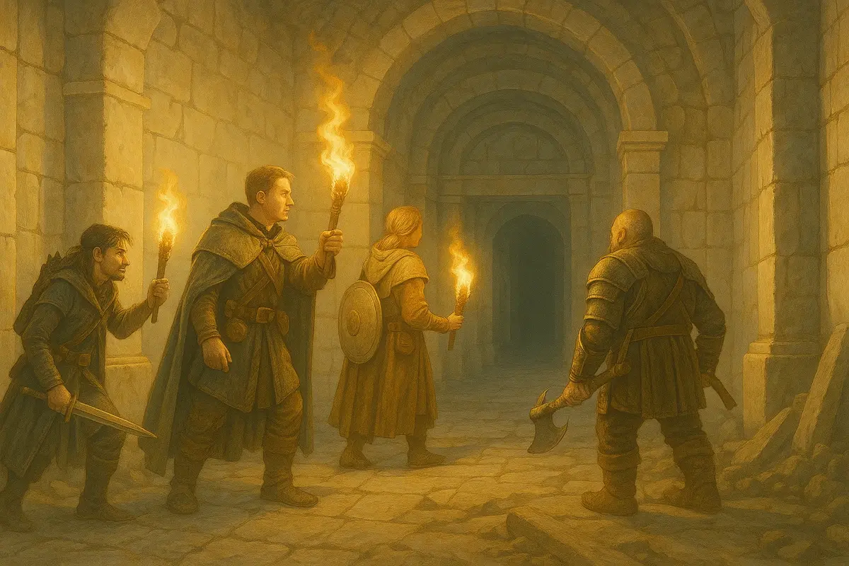 quatre aventuriers avec des torches à l'entrée du tombeau